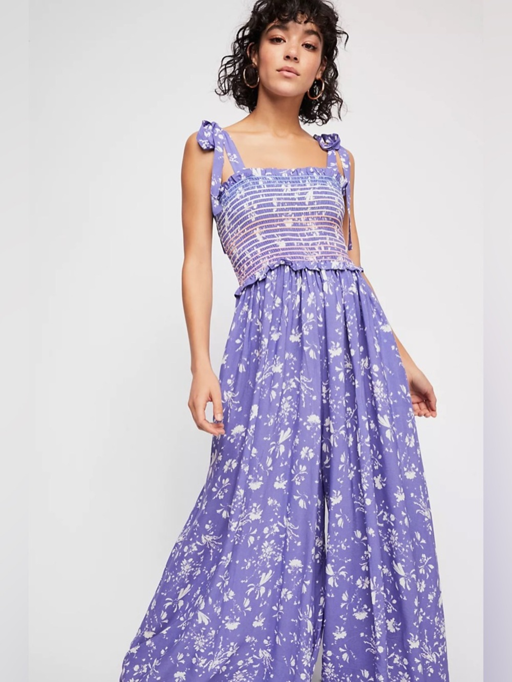 Free People Boho Tie-Shoulder Floral Maxi Jumpsuit in Lavender Size Medium